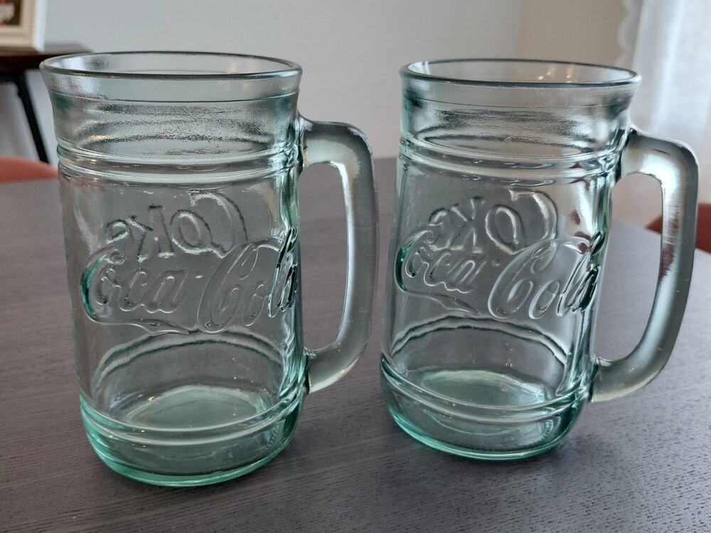 Set of 2 Vintage Coca-Cola Georgia Green Glass Mugs Embossed Coke Handle